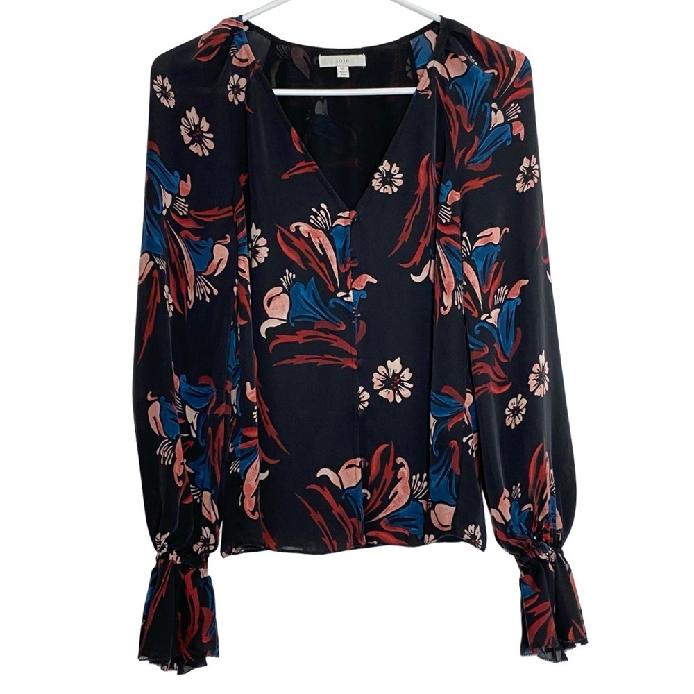 Joie Silk Blouse Top Womens Size XS Black Floral Long Sleeve Shirt Flower Print